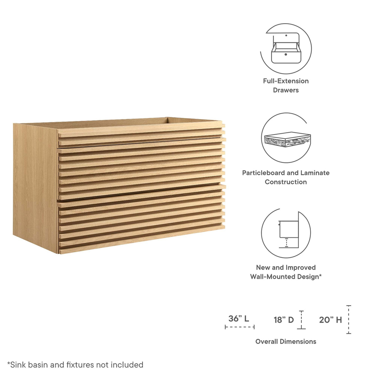 Render wall-mount bathroom vanity cabinet in natural wood with slatted front by Modway on Tampa Home & Garden Store
