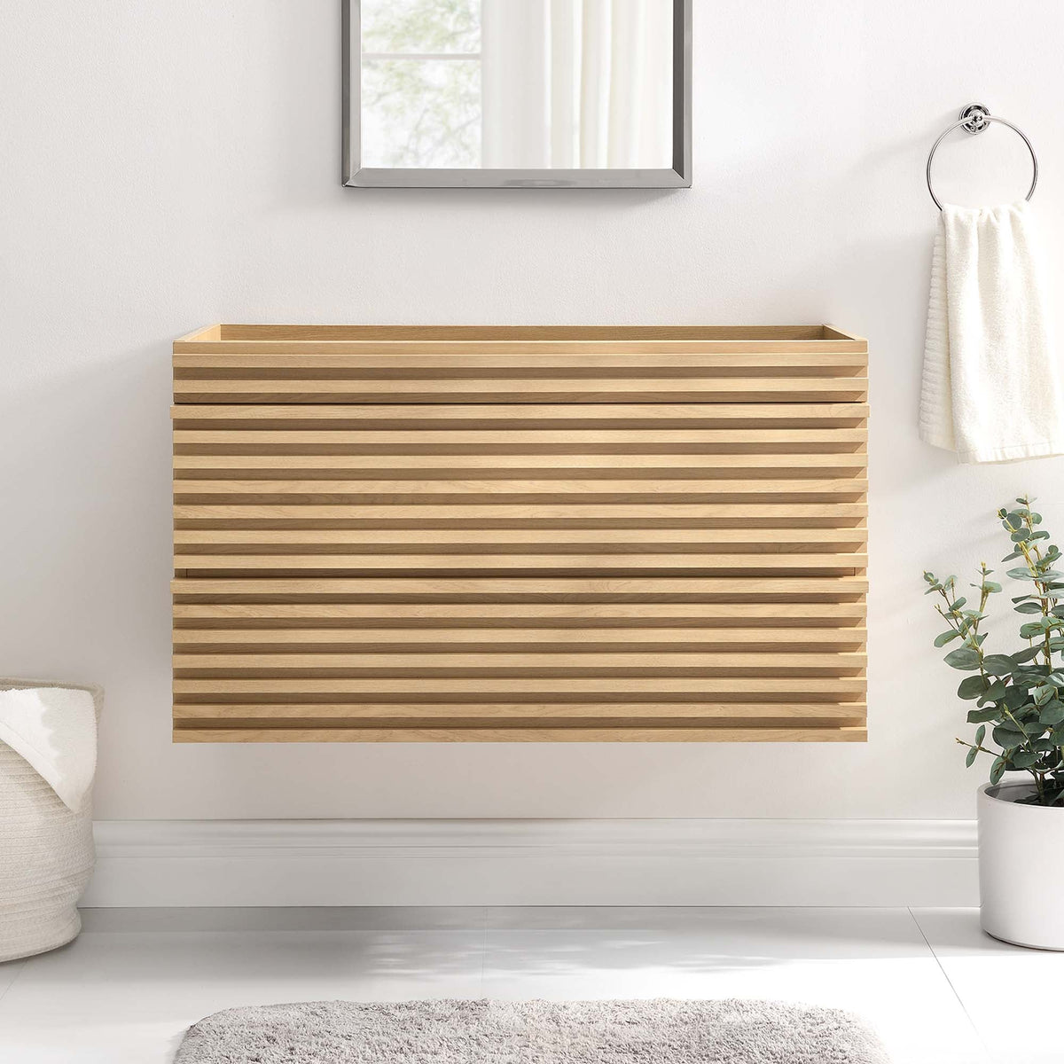 Render wall-mount bathroom vanity in light wood slats with chrome mirror and towel ring on Tampa Home & Garden Store