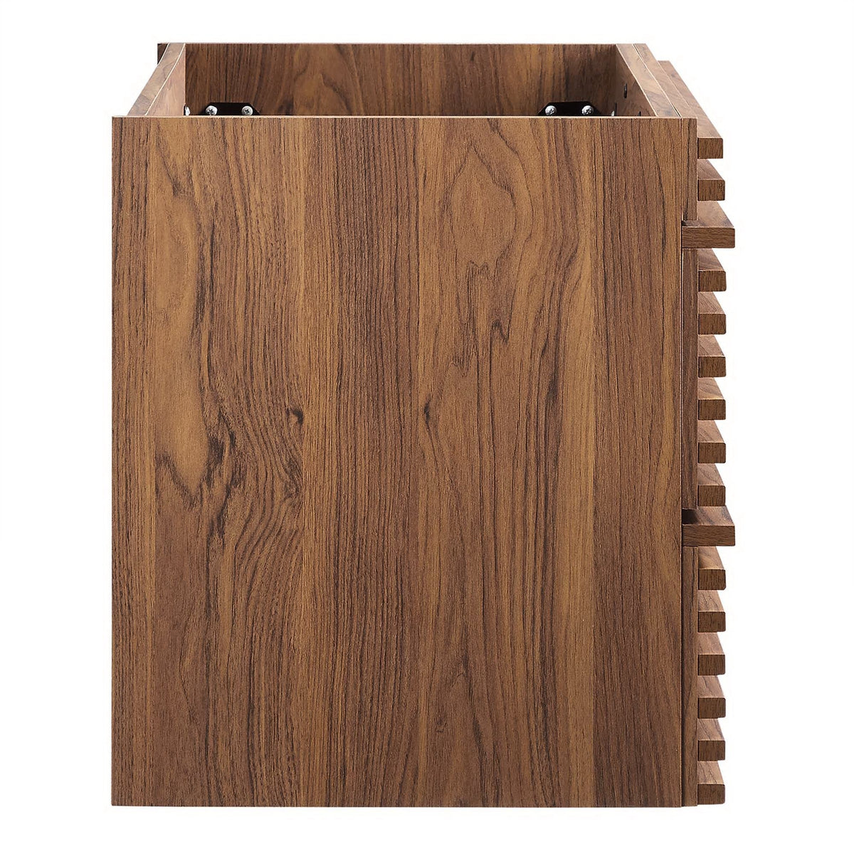 Render Wall-Mount Bathroom Vanity Cabinet in warm wood with grain and stepped side detailing on Tampa Home & Garden Store