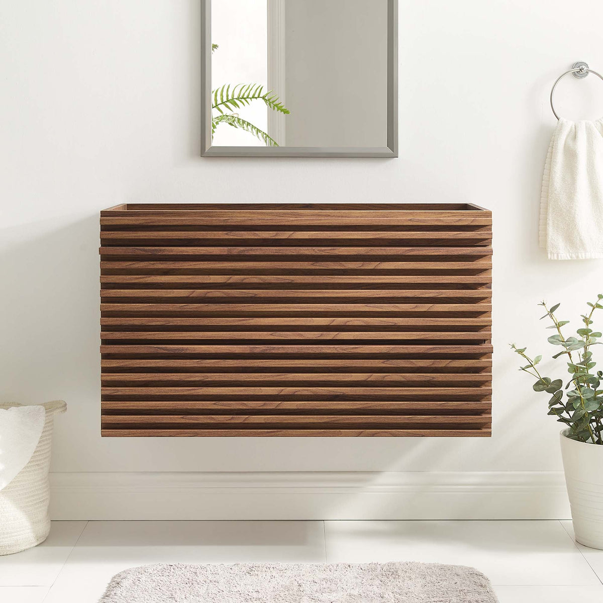 Render wall-mount bathroom vanity cabinet with slatted wood front and gray-framed mirror on Tampa Home & Garden Store