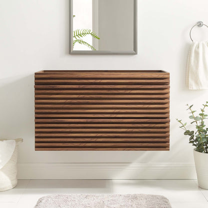 Render wall-mount bathroom vanity cabinet with slatted wood front and gray-framed mirror on Tampa Home & Garden Store