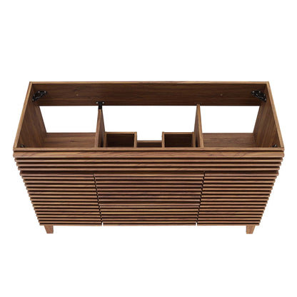 Render 48in single sink bathroom vanity cabinet in warm walnut wood with open cubby storage on Tampa Home & Garden Store