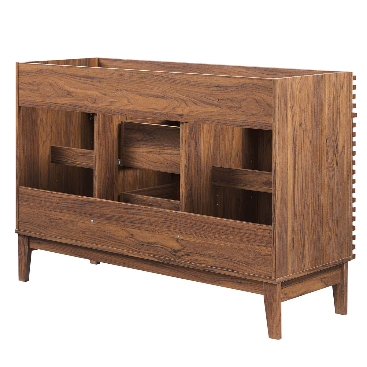 Render 48in double sink bathroom vanity cabinet in warm wood finish with open shelving on Tampa Home & Garden Store