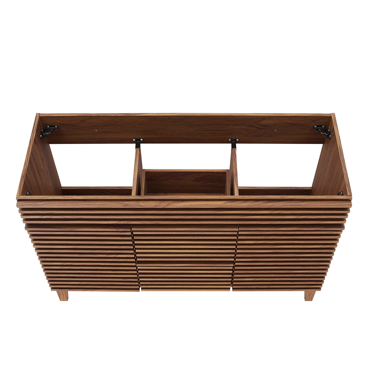 Render 48in double sink bathroom vanity cabinet in warm wood with slatted exterior on Tampa Home & Garden Store
