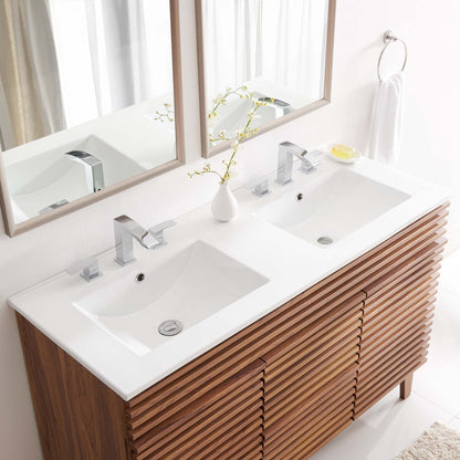 Cayman double basin bathroom sink by Modway with wood slatted vanity and chrome faucets on Tampa Home & Garden Store