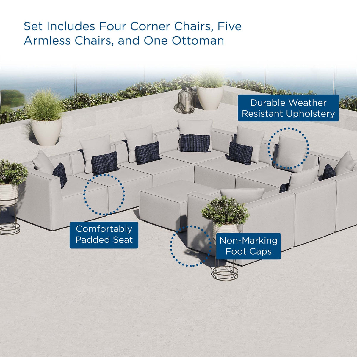 Saybrook 10-Piece Outdoor Patio Upholstered Sectional Sofa by Modway in beige with navy cushions on Tampa Home & Garden Store