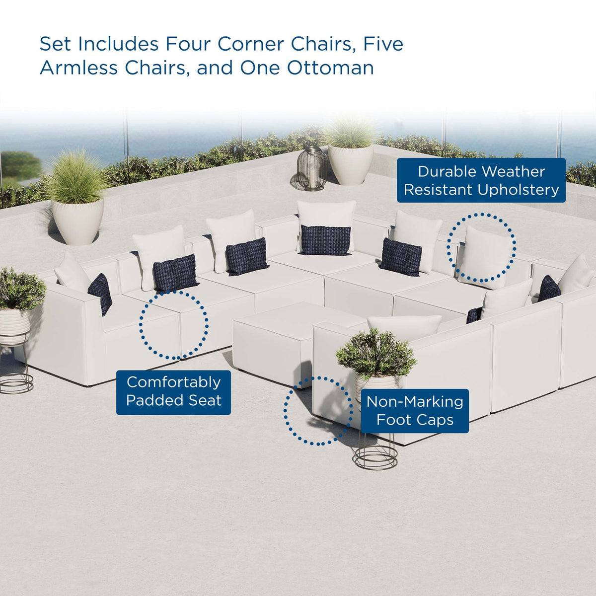 Saybrook 10-Piece Outdoor Patio Sectional Sofa with white modular seating and navy cushions on Tampa Home & Garden Store
