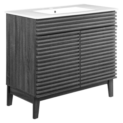 Render bathroom vanity by Modway, dark wood slatted cabinet with white top on Tampa Home & Garden Store