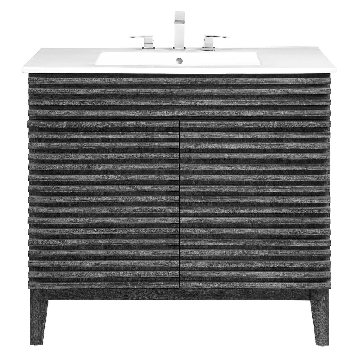 Render bathroom vanity with white sink on dark wood slatted cabinet and chrome faucet by Modway on Tampa Home & Garden Store
