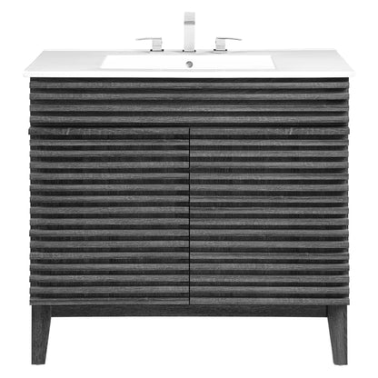 Render bathroom vanity with white sink on dark wood slatted cabinet and chrome faucet by Modway on Tampa Home & Garden Store