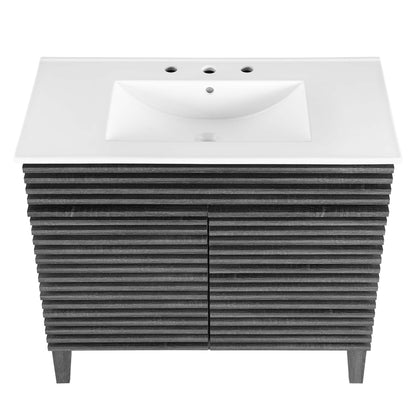 Render Bathroom Vanity by Modway white sink with three faucet holes atop dark slatted base on Tampa Home & Garden Store