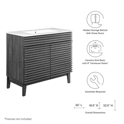 Render bathroom vanity with dark wood slatted cabinet and white countertop by Modway on Tampa Home & Garden Store