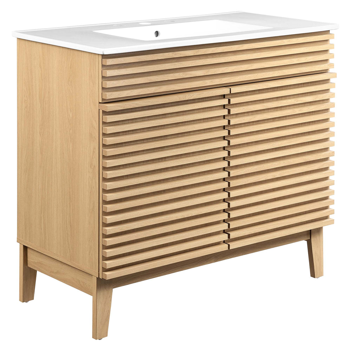 Render Bathroom Vanity by Modway in natural oak slatted cabinet with white countertop on Tampa Home & Garden Store
