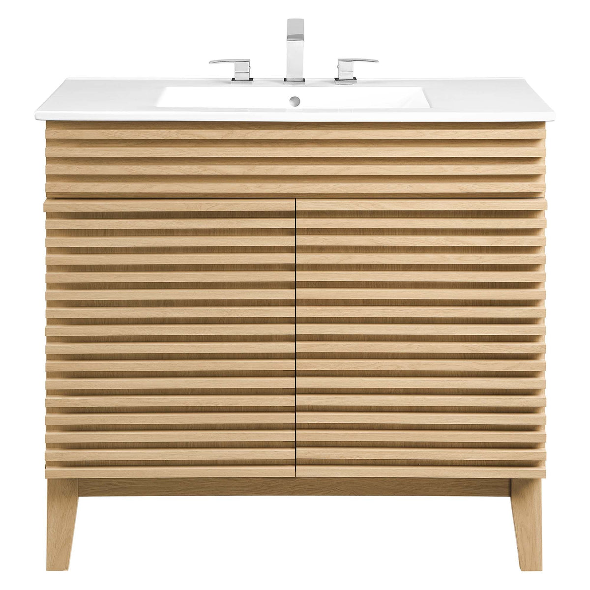 Render bathroom vanity with white countertop and chrome faucets on oak slatted cabinet on Tampa Home & Garden Store
