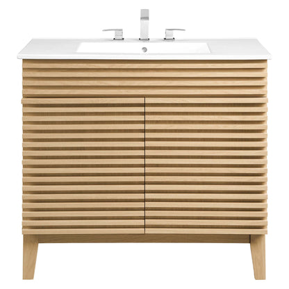 Render bathroom vanity with white countertop and chrome faucets on oak slatted cabinet on Tampa Home & Garden Store