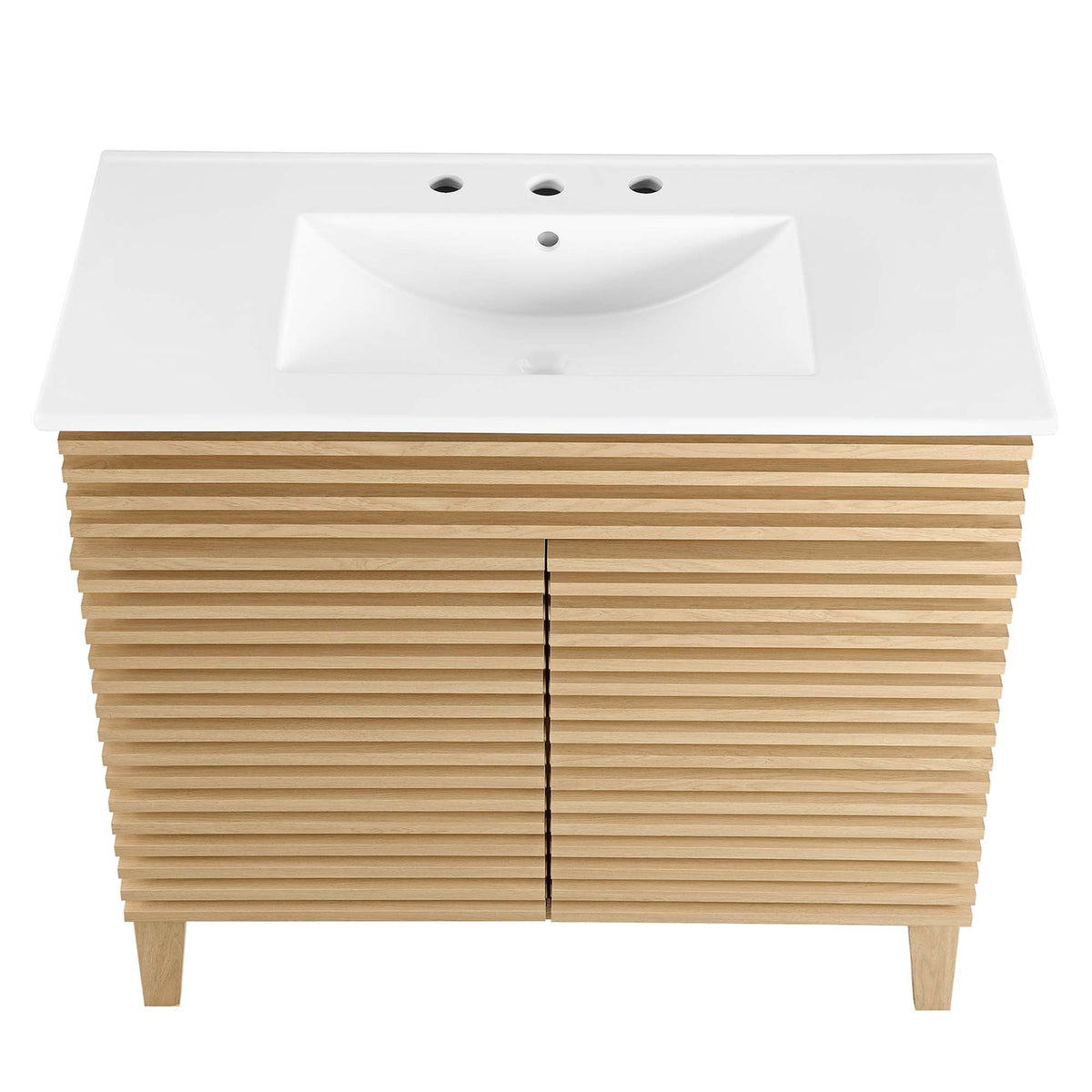 Render Bathroom Vanity by Modway, white sink atop a natural wood slatted cabinet on Tampa Home & Garden Store