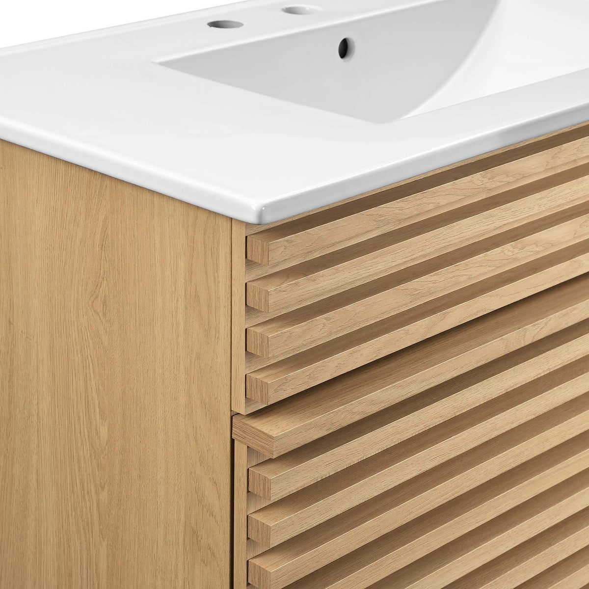Render Bathroom Vanity by Modway, white integrated sink on natural oak slatted cabinet on Tampa Home & Garden Store
