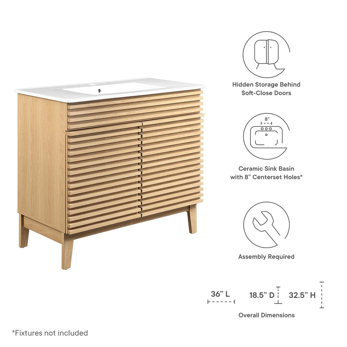 Render bathroom vanity by Modway in natural oak with white countertop, HouseOfZazla on Tampa Home & Garden Store