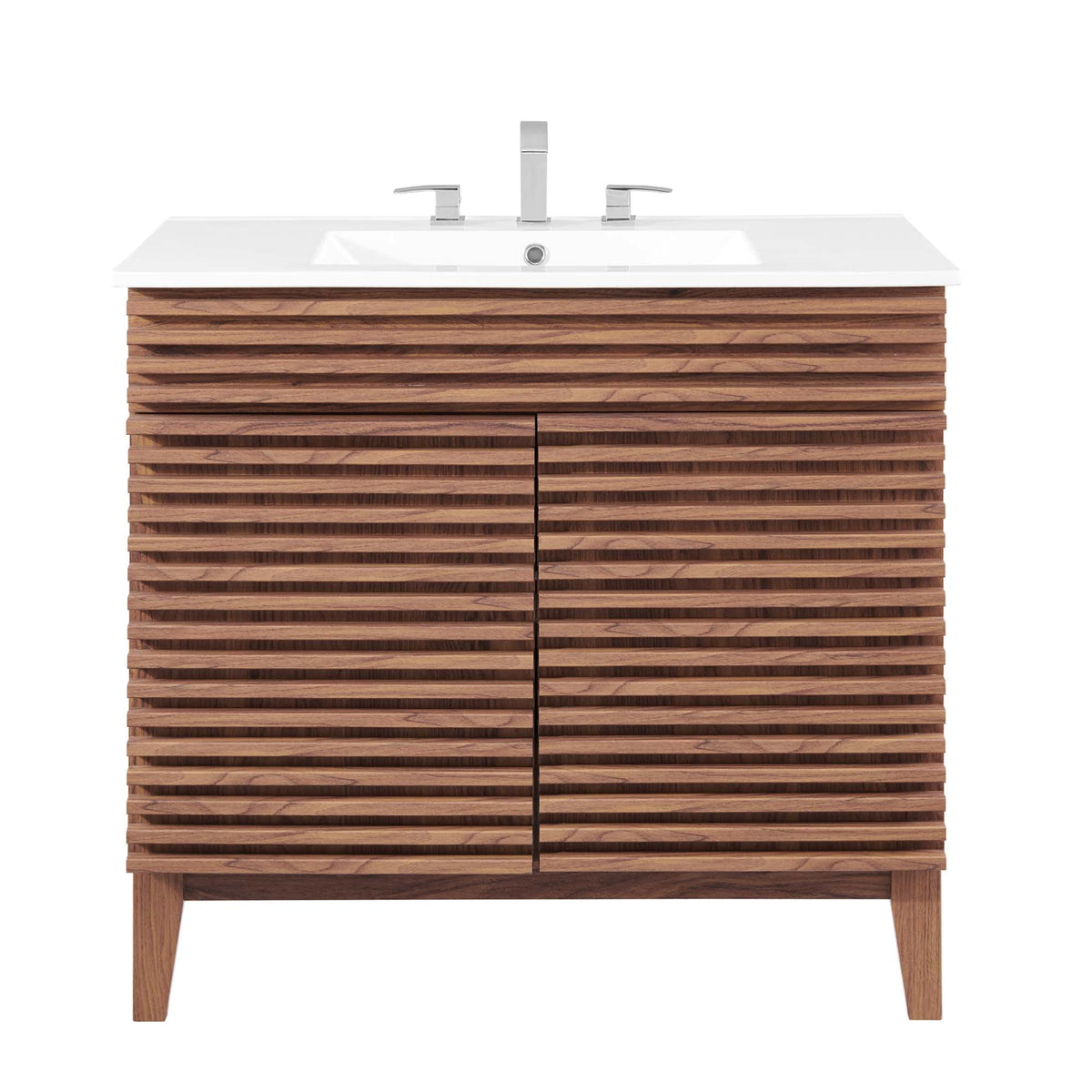 Render Bathroom Vanity by Modway; white sink atop a wood slatted base with chrome faucet on Tampa Home & Garden Store