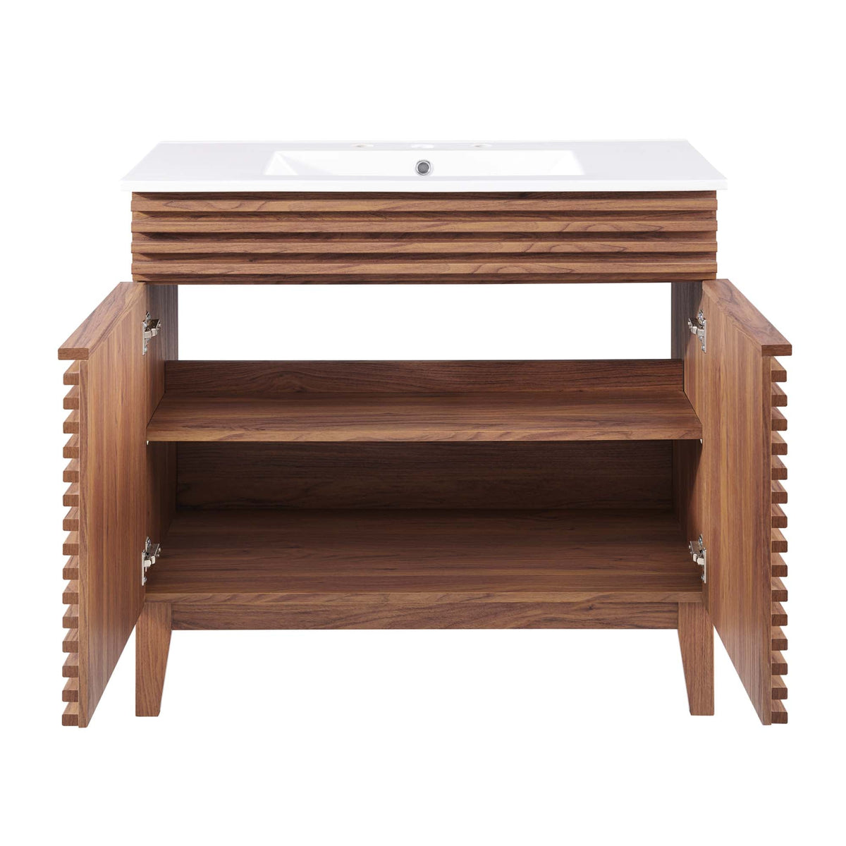 Render bathroom vanity by Modway with white countertop and slatted wood cabinet on Tampa Home & Garden Store