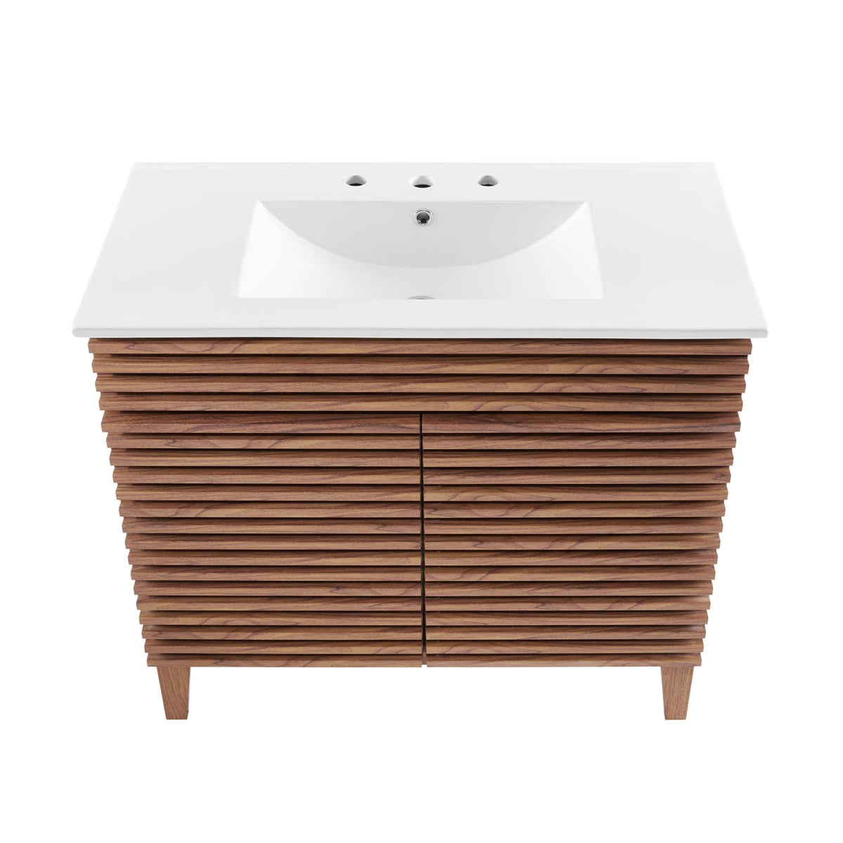 Render bathroom vanity with white sink and three faucet holes on a wooden slatted base on Tampa Home & Garden Store