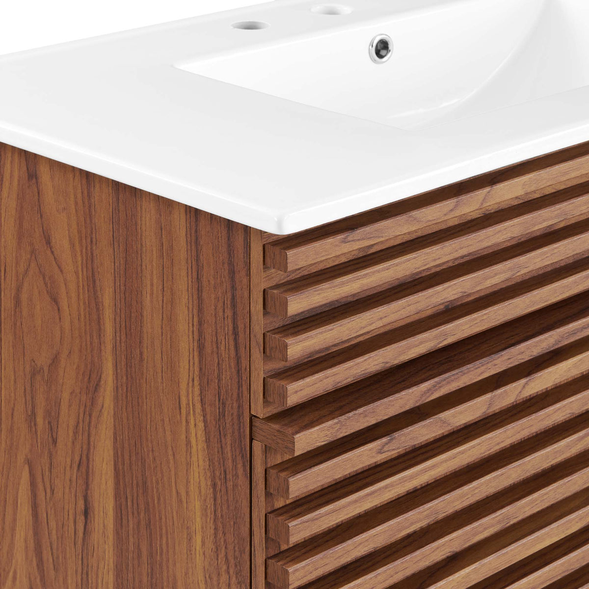 Render bathroom vanity by Modway with white countertop, wood veneer drawers on Tampa Home & Garden Store
