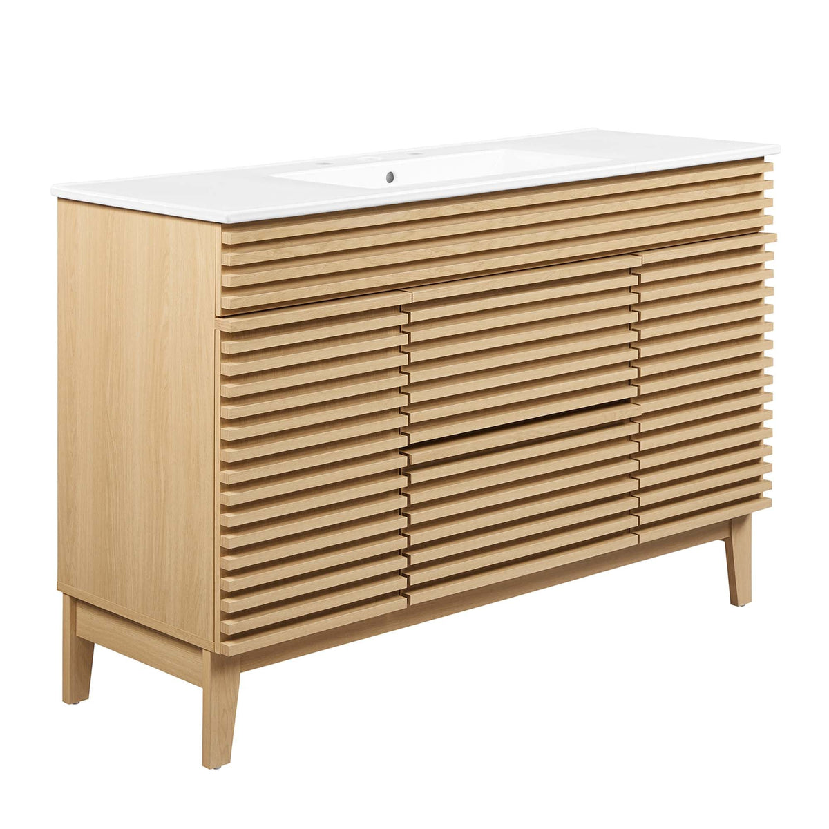 Render Single Sink Vanity by Modway; natural wood slatted cabinet with white sink on Tampa Home & Garden Store