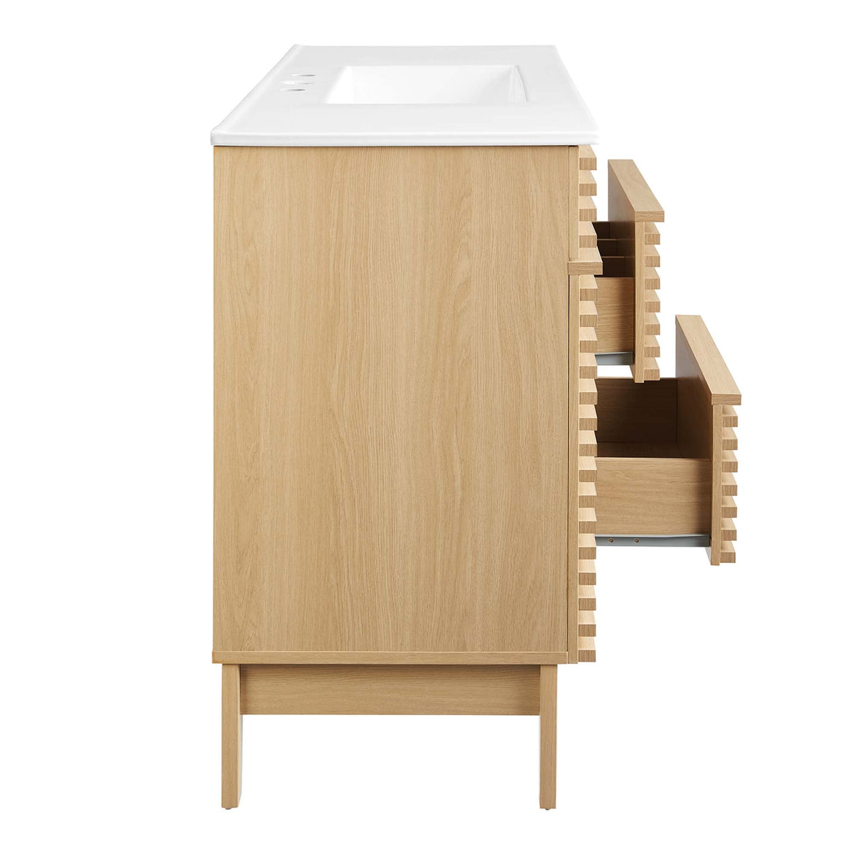 Render single sink bathroom vanity by Modway in light oak with white top and side drawers on Tampa Home & Garden Store