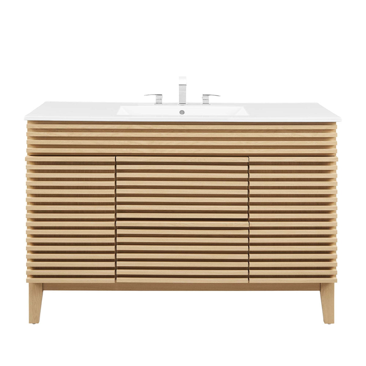 Single sink vanity with white countertop on a light wood slat base with chrome faucet on Tampa Home & Garden Store