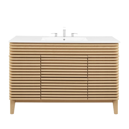 Single sink vanity with white countertop on a light wood slat base with chrome faucet on Tampa Home & Garden Store