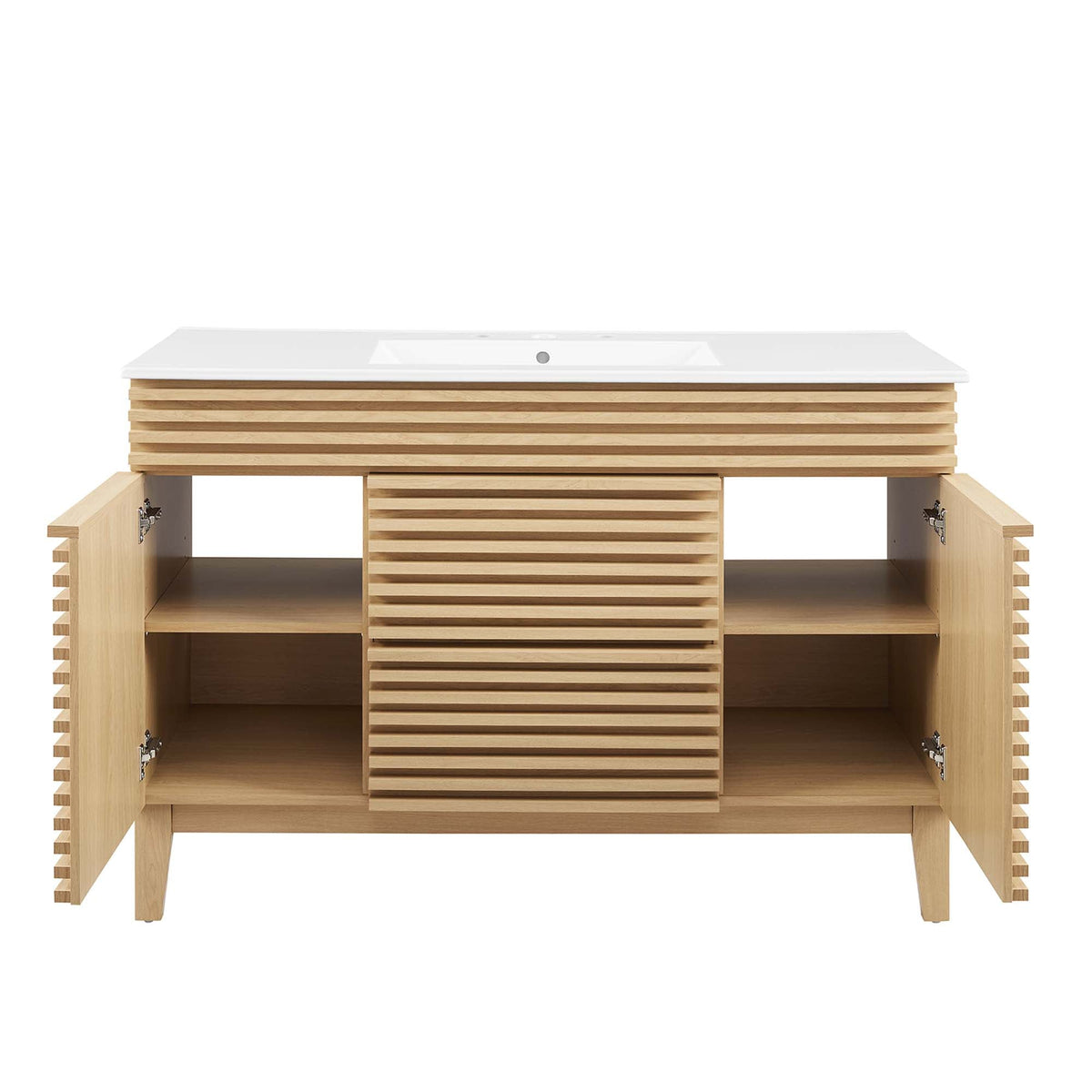 Render single sink bathroom vanity with white countertop and slatted wood base on Tampa Home & Garden Store