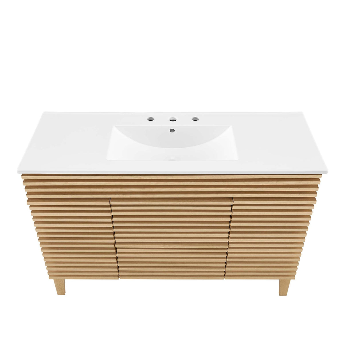 Render Single Sink Bathroom Vanity white countertop on wooden slatted base by HouseOfZazla on Tampa Home & Garden Store