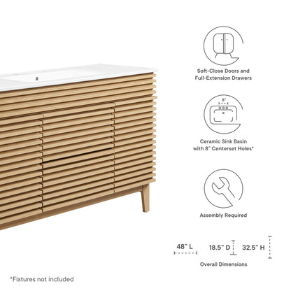 Render Single Sink Bathroom Vanity by Modway, natural wood slatted cabinet with white countertop on Tampa Home & Garden Store