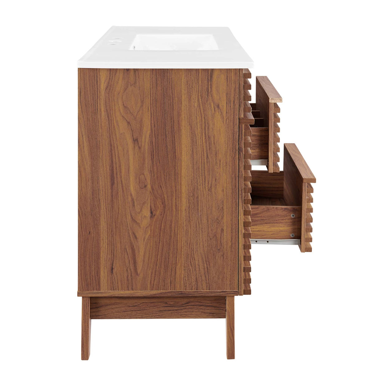 Render single sink bathroom vanity in warm wood with white countertop; side storage on Tampa Home & Garden Store