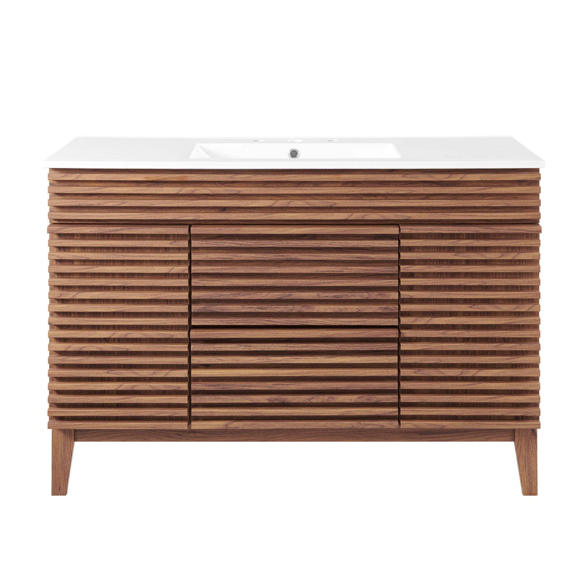 Single Sink Bathroom Vanity white countertop on warm wood slatted cabinet HouseOfZazla on Tampa Home & Garden Store