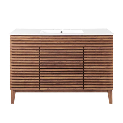 Single Sink Bathroom Vanity white countertop on warm wood slatted cabinet HouseOfZazla on Tampa Home & Garden Store