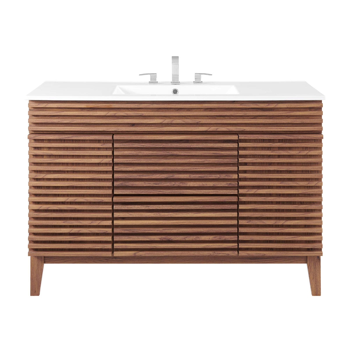Render Single Sink Bathroom Vanity by Modway with white countertop and wood slatted cabinet on Tampa Home & Garden Store