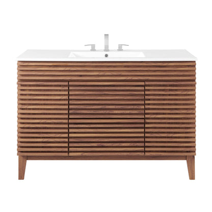 Render Single Sink Bathroom Vanity by Modway with white countertop and wood slatted cabinet on Tampa Home & Garden Store