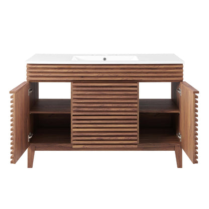 Render Single Sink Bathroom Vanity by Modway, white countertop, wooden slatted base on Tampa Home & Garden Store