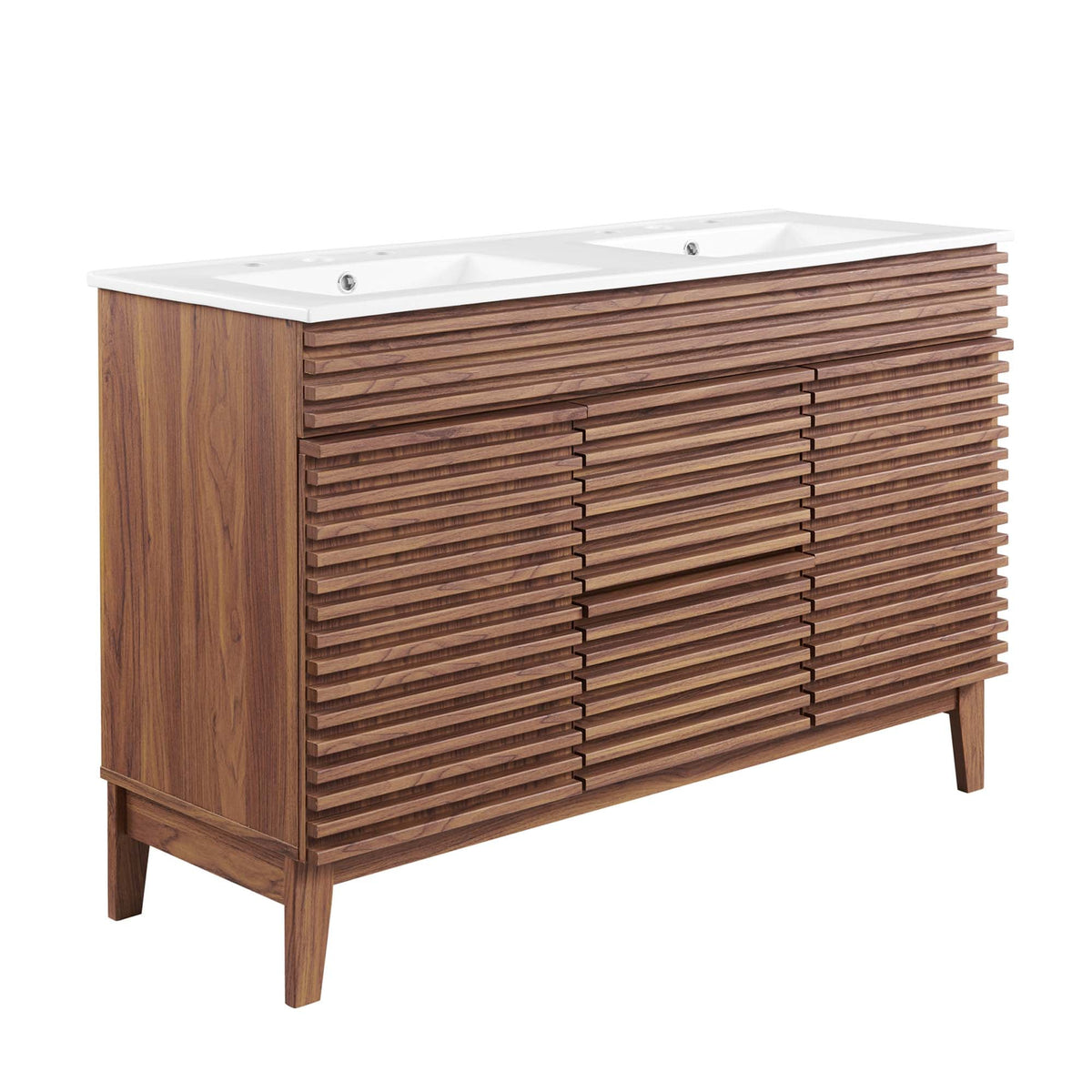 Render Double Sink Vanity by Modway, white countertop on wood slatted base with two sinks on Tampa Home & Garden Store