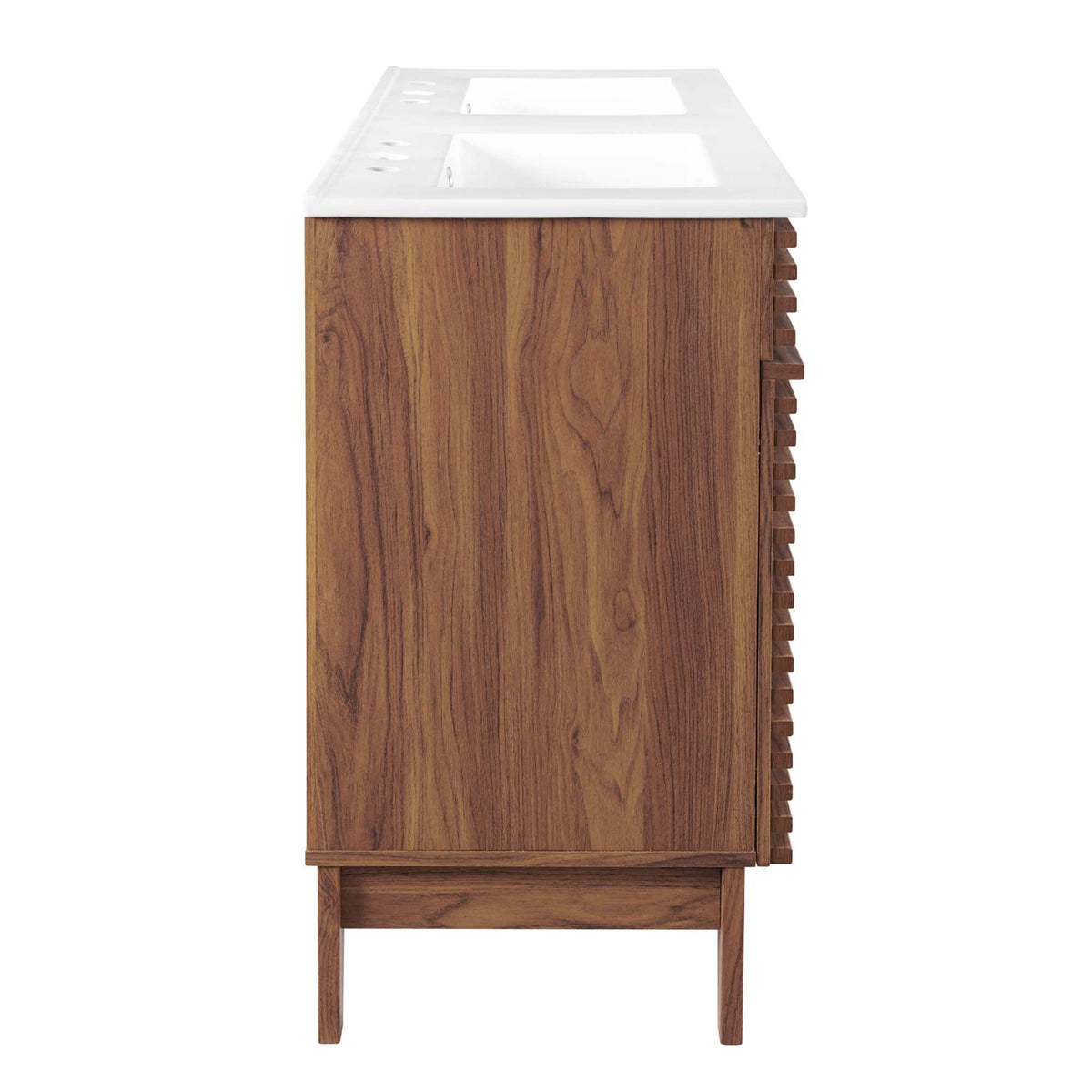 Render Double Sink Bathroom Vanity with white countertop and dual sinks atop a warm wood cabinet on Tampa Home & Garden Store