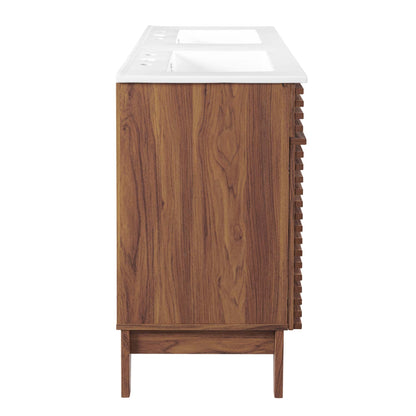 Render Double Sink Bathroom Vanity with white countertop and dual sinks atop a warm wood cabinet on Tampa Home & Garden Store