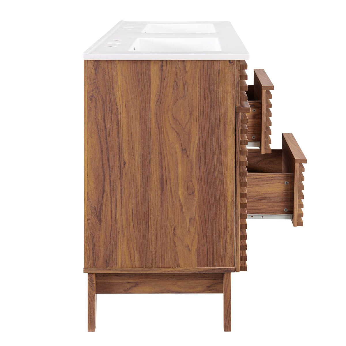 Render double-sink bathroom vanity by Modway with white countertop and woodgrain cabinet on Tampa Home & Garden Store
