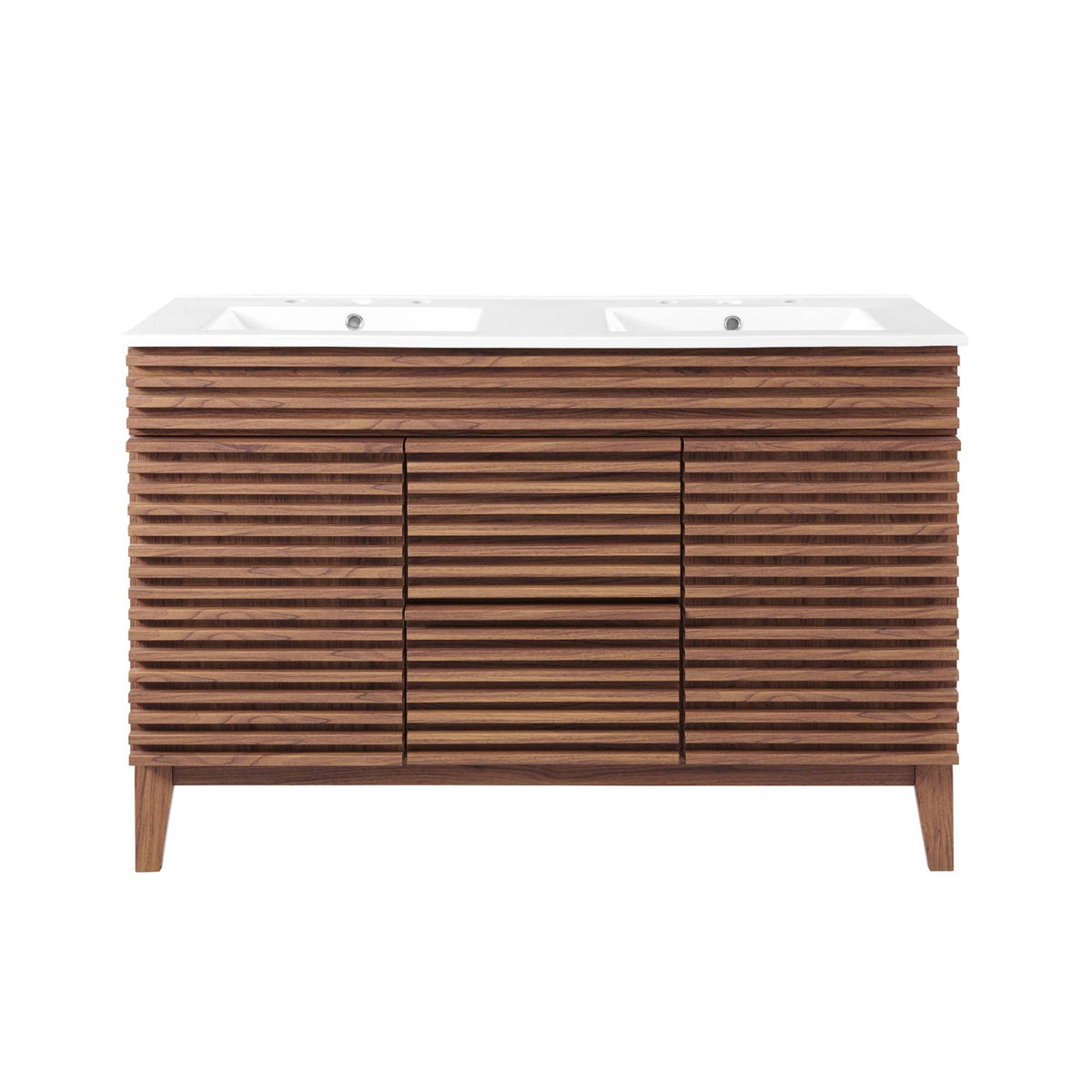 Render double sink bathroom vanity by Modway with white countertop and wood slat base on Tampa Home & Garden Store