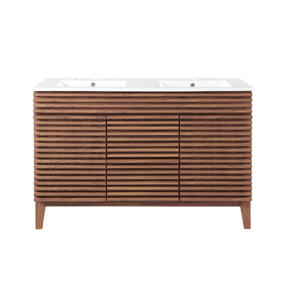 Render double sink bathroom vanity by Modway with white countertop and wood slat base on Tampa Home & Garden Store