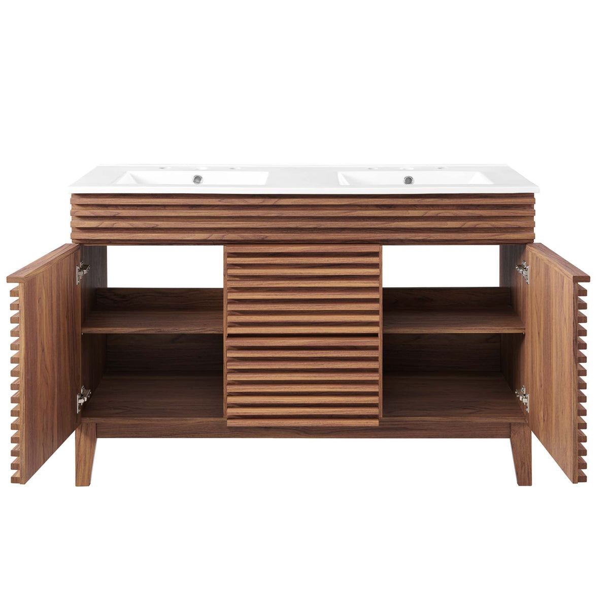 Render Double Sink Vanity with white countertop and two basins on warm wood slatted base on Tampa Home & Garden Store