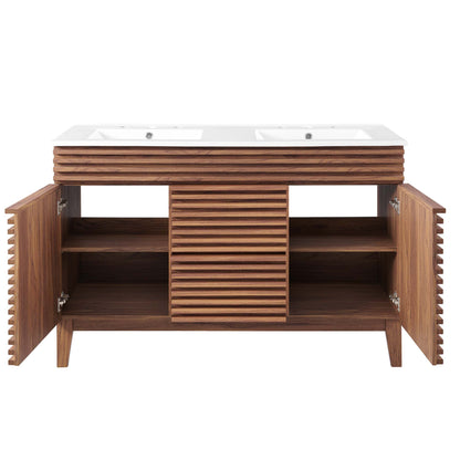 Render Double Sink Vanity with white countertop and two basins on warm wood slatted base on Tampa Home & Garden Store