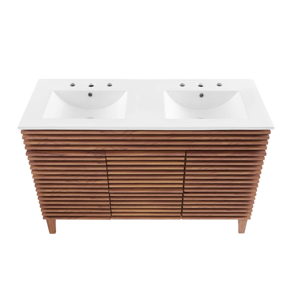 Render Double Sink Vanity with white countertop and two sinks atop a warm wooden slat base on Tampa Home & Garden Store