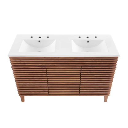 Render Double Sink Vanity with white countertop and two sinks atop a warm wooden slat base on Tampa Home & Garden Store