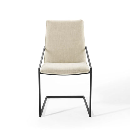 Pitch upholstered fabric dining armchair beige with slender black metal frame on Tampa Home & Garden Store